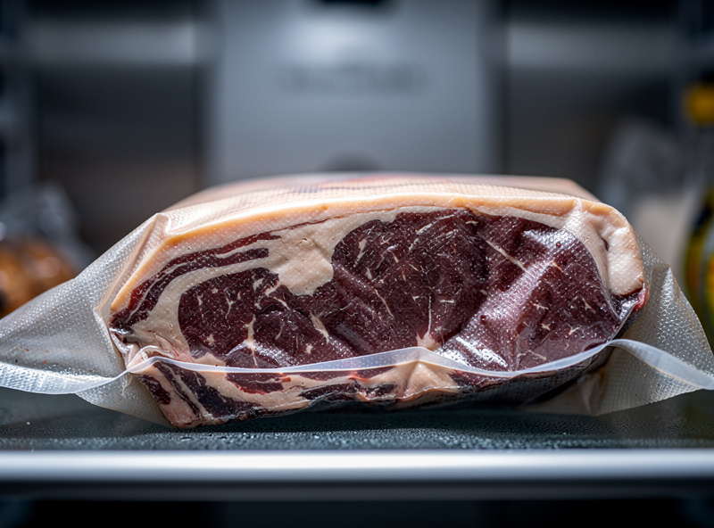 Macro close-up of a beef ribeye sealed in a translucent dry aging bag inside a refrigerator with the bag tightly wrapped around the meat with no air pockets and the moisture-vapor-permeable membrane visible