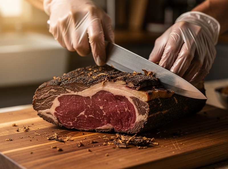 A finished dry-aged beef ribeye after 35 days in a dry aging bag being unwrapped on a cutting board showing the dark crusty pellicle exterior with hands trimming away the surface
