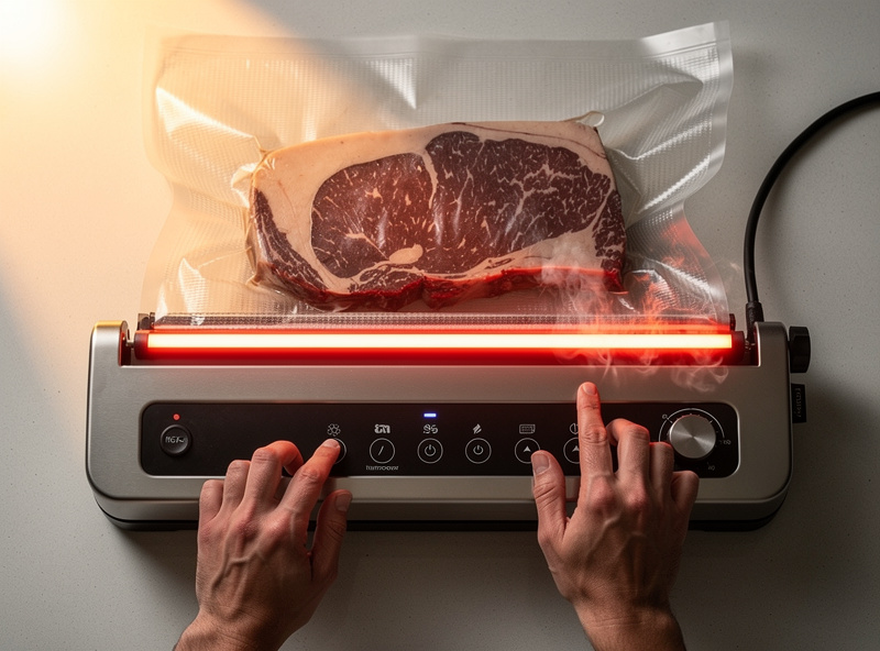 Top-down macro of a vacuum sealer with a dry aging bag halfway sealed showing the meat visible through the bag mouth and the sealing strip glowing red with heat