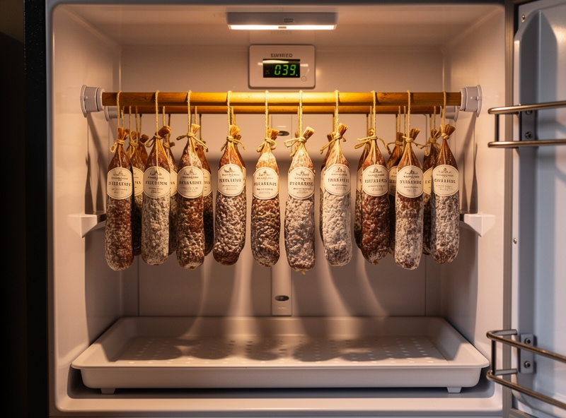 Interior of a converted mini fridge curing chamber with salami and pancetta hanging from wooden dowels
