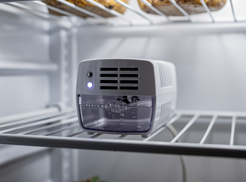 Small Peltier dehumidifier sitting on the bottom shelf of a mini fridge curing chamber