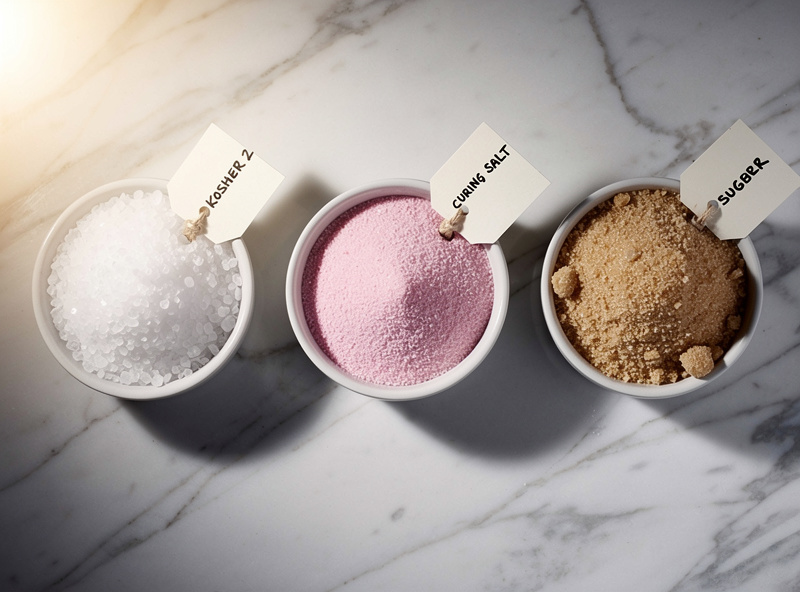 Top-down photograph of three small bowls of curing ingredients on a marble surface — leftmost containing white kosher salt, middle containing pink curing salt number 2, right containing brown sugar, each labeled