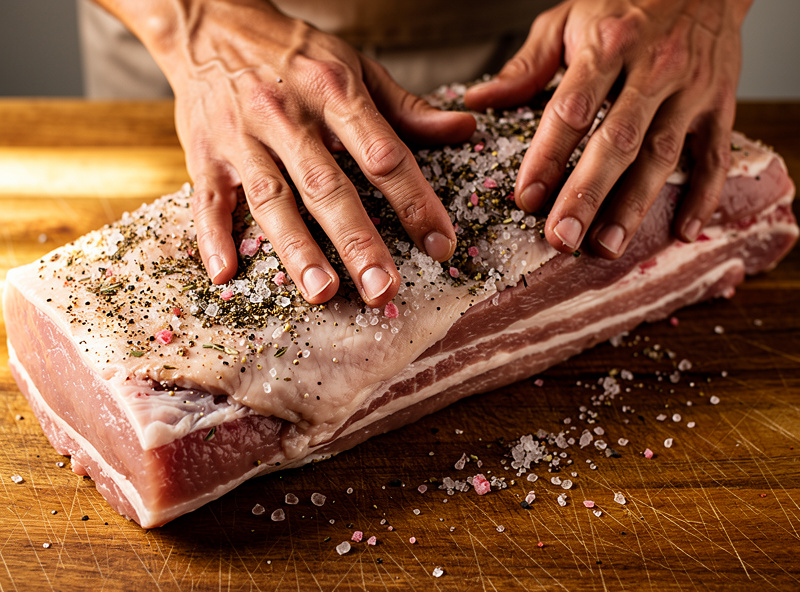 Macro close-up of hands rubbing a salt and spice mixture into a whole pork loin on a wooden cutting board with even coverage across the meat surface and the pink curing salt color visible mixed in
