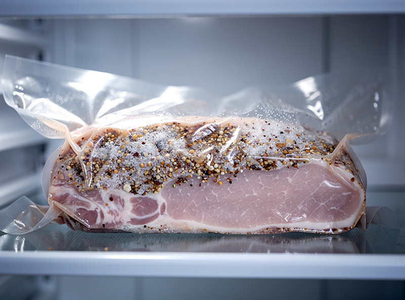 Close-up of a whole pork loin vacuum-sealed in a clear plastic bag with the salt cure mixture visible distributed evenly on the meat surface inside the bag laying flat on a refrigerator shelf