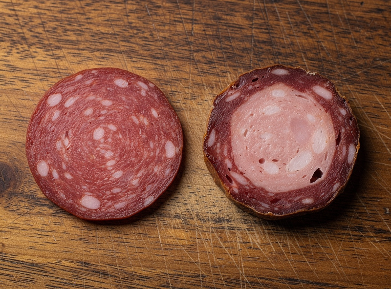 Side-by-side macro comparison of two salami cross-sections — left a properly aged salami with uniform texture and color from edge to center, right a case-hardened salami with darker harder ring around a softer paler center