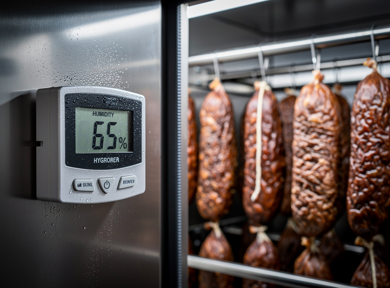 A digital hygrometer mounted in a curing chamber showing 65 percent humidity reading too low for safe charcuterie aging with salamis hanging in the background showing visible surface tension marks