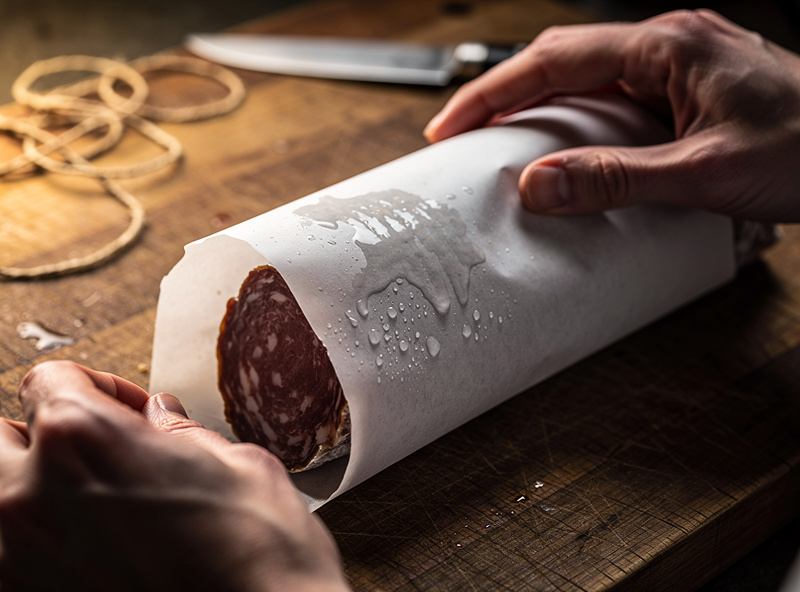 Hands wrapping a salami in butcher paper for a humidity rest period to recover from case hardening, the paper visibly wet from condensation as moisture redistributes within the meat