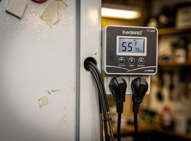 Inkbird ITC-608T dual-stage temperature and humidity controller mounted on a converted fridge with display showing 55F and 75 percent