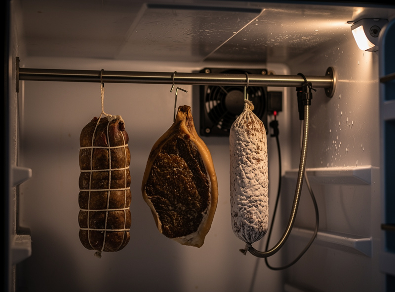 Interior of a converted mini fridge with stainless rod hanging two whole muscle cures and a salami chub, small fan and humidity tube visible