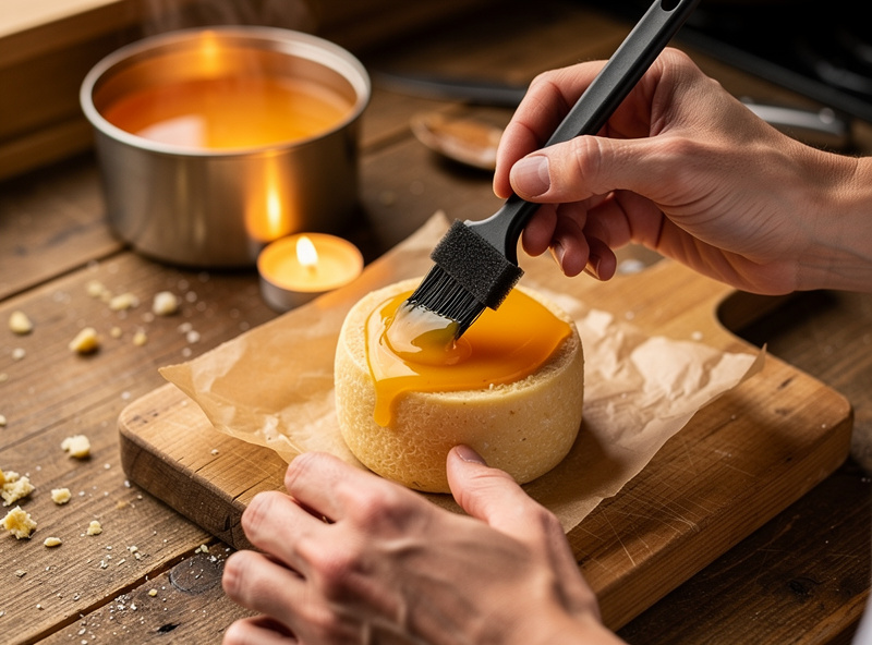 Hand applying melted natural-color cheese wax to a small home-aged cheddar wheel using a small foam brush