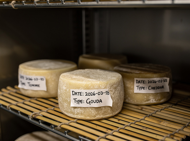 Three home-aged cheese wheels resting on a bamboo aging mat inside a curing chamber with date labels