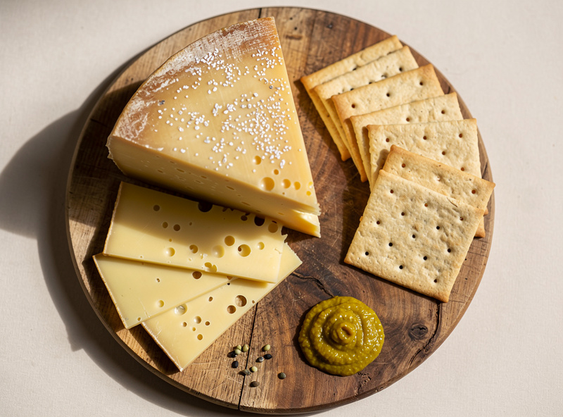 Sliced 6-month aged home gouda showing pale yellow interior with small calcium crystal sparkles