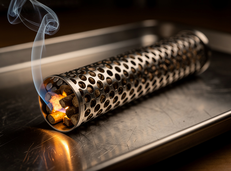 Close-up of an A-MAZE-N pellet smoking maze tube filled with hardwood pellets and lit producing thin cold smoke