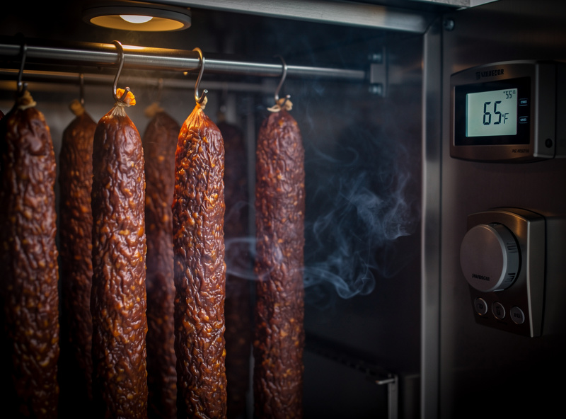Salami chubs hanging in a smoking cabinet with thin wisps of cold smoke drifting around them at 65 degrees F