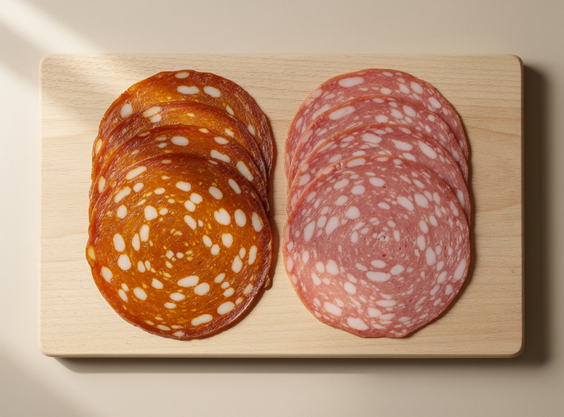 Sliced cold-smoked salami showing rich amber color and white fat distribution alongside a piece of unsmoked salami for comparison