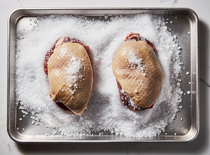 Two raw duck breasts arranged on a stainless steel sheet pan partially buried in coarse kosher salt for the equilibrium cure