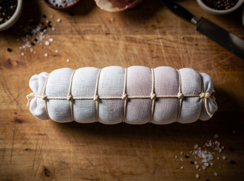 Cured duck breast wrapped tightly in cheesecloth and tied with butcher's twine in a series of even loops