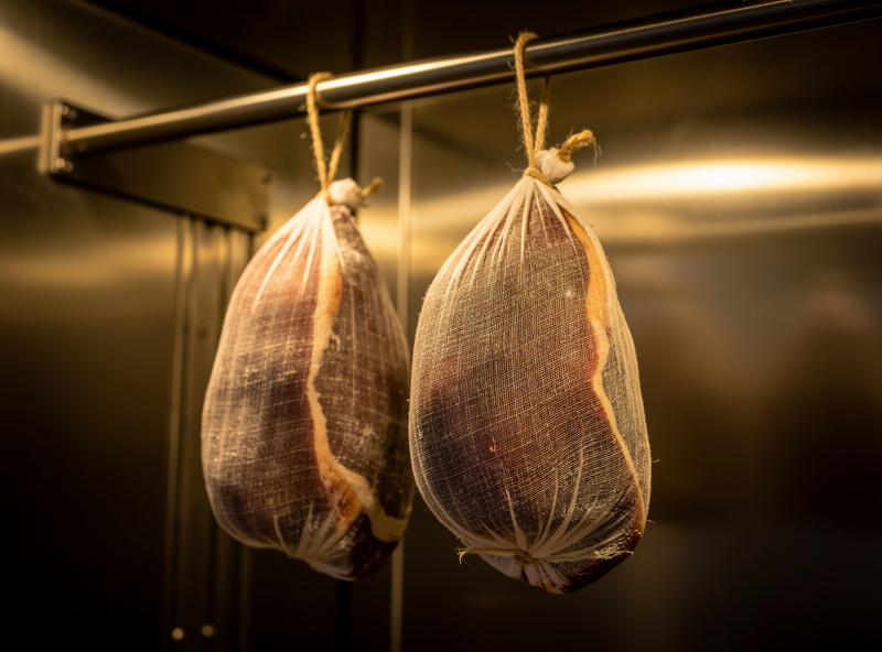Two cheesecloth-wrapped duck breasts hanging on butcher's twine inside a curing chamber on a stainless rod