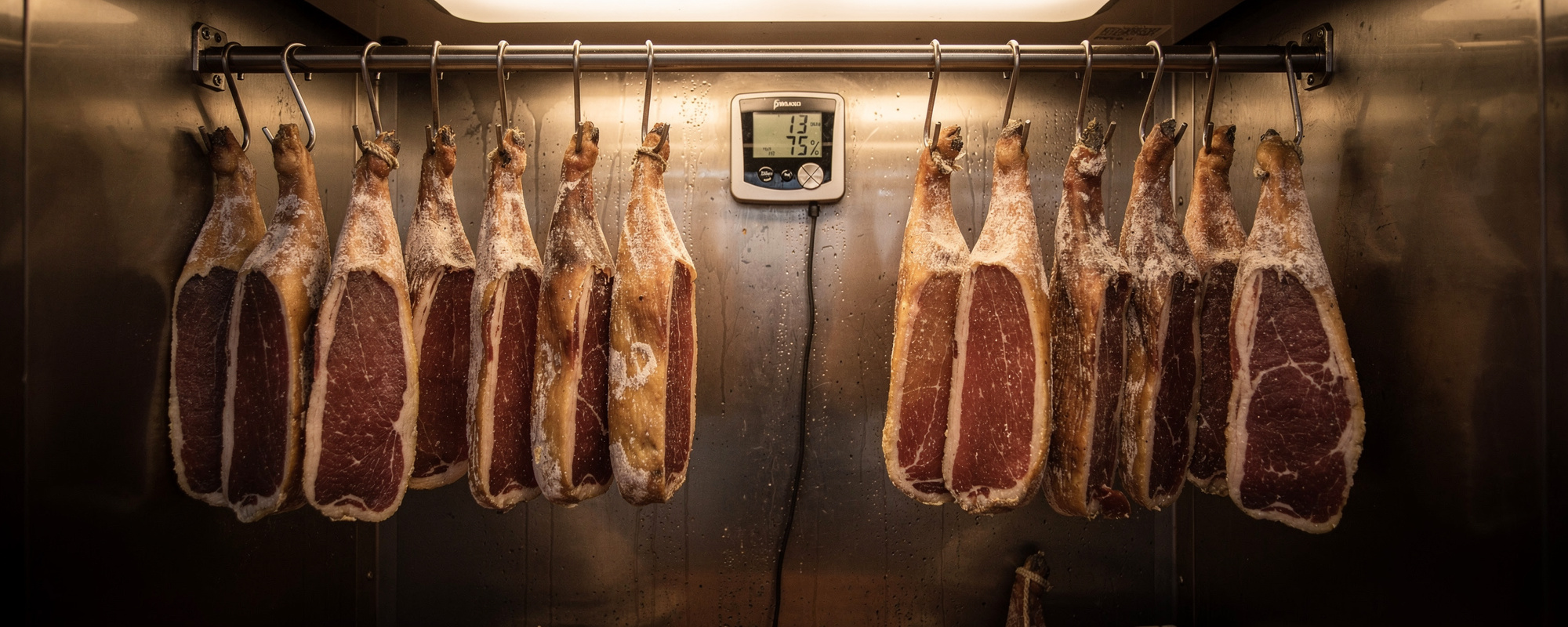 Hanging cured meats in a chamber