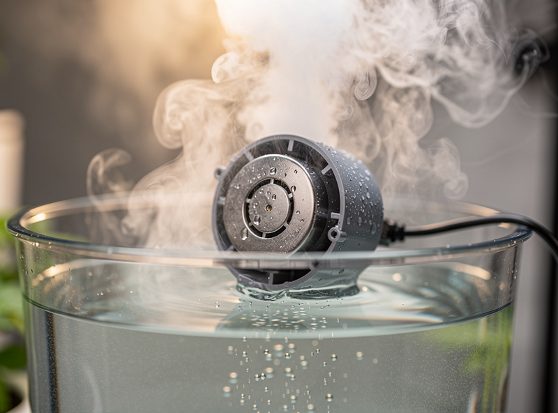 Close up of an ultrasonic fogger floating in a small water reservoir tank with mist rising in soft warm light technical hydroponic equipment