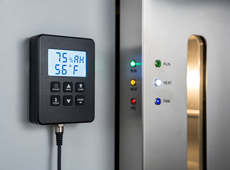 Digital humidity controller with display showing 75 percent RH and 56 degrees Fahrenheit mounted to wall beside curing chamber with status LEDs visible