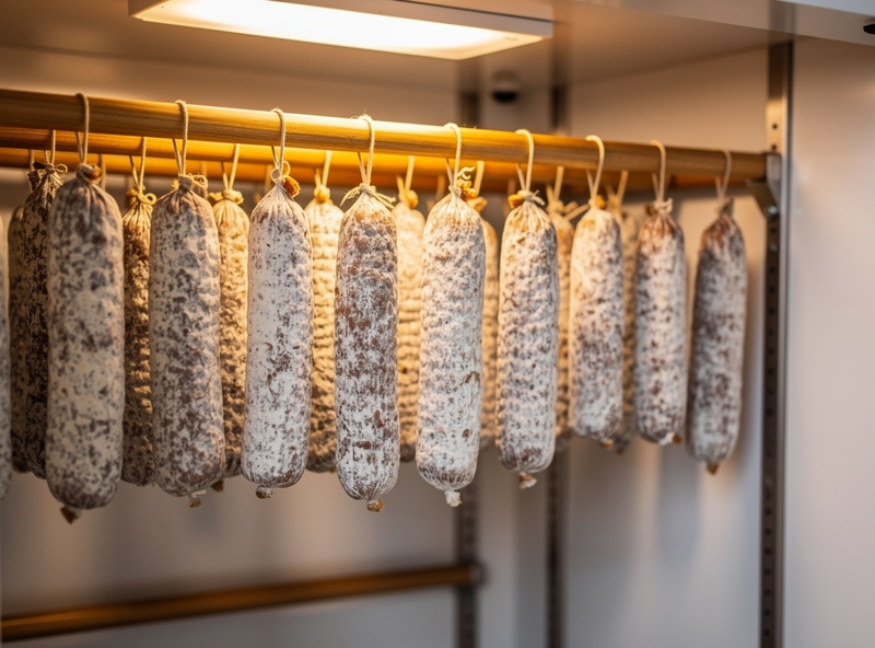Cured salami sausages hanging on wooden rods inside a clean curing chamber with white bloom on the casings soft warm lighting