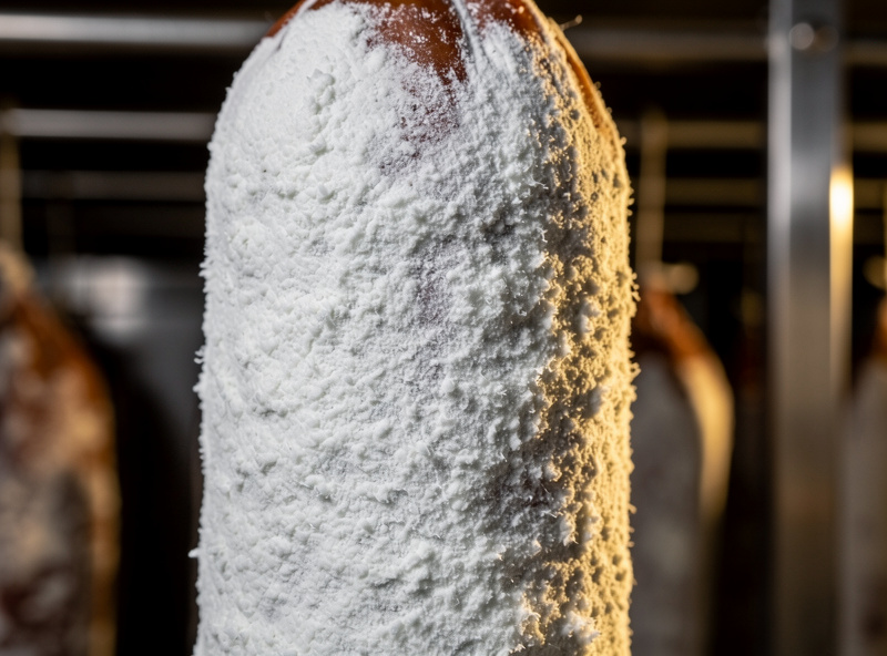 Macro of healthy bright white penicillium nalgiovense mold completely covering a salami chub casing with even fluffy texture