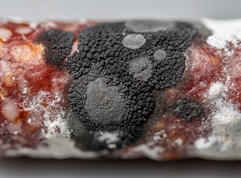 Macro of dangerous black mold spots and dark patches on a salami casing with dry powdery texture concentrated in clusters