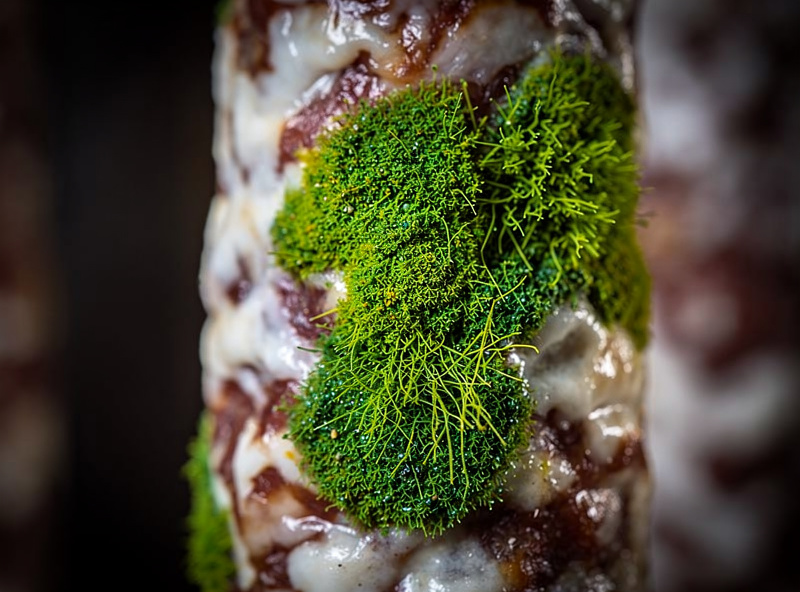 Macro of vivid green mold patches on a salami casing with fuzzy texture indicating penicillium or aspergillus contamination