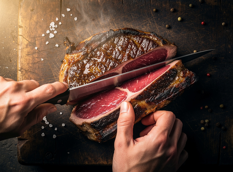 Hands cutting into a dry-aged ribeye to reveal the bright red interior beneath the dark amber crust