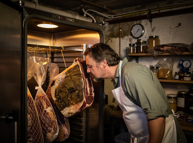 Person leaning into an open curing chamber to assess the smell of a hanging dry-aged subprimal