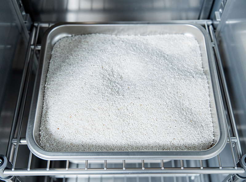 Stainless steel tray of dry rice or coarse salt placed on the bottom of a curing chamber as a humidity buffer absorbing excess moisture