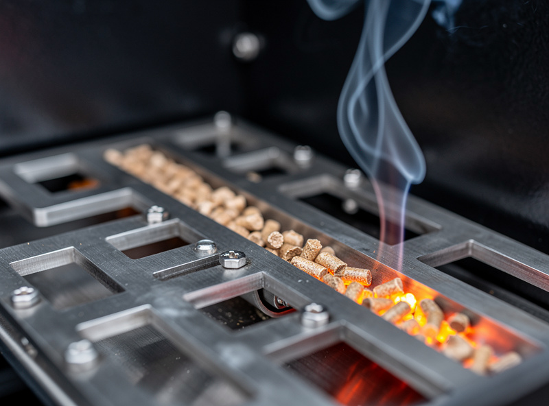 Stainless steel pellet maze cold smoke generator with apple wood pellets glowing at one end and thin smoke rising