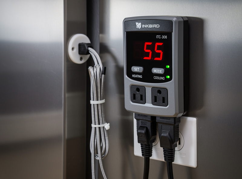 Macro close-up of an Inkbird ITC-308 dual-stage temperature controller wired to power outlets with the digital display showing 55 degrees mounted on the side of a refrigerator with electrical wiring through a port