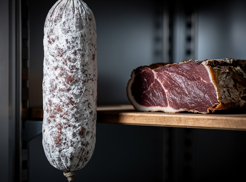 Close-up of a finished homemade salami hanging in the converted fridge curing chamber with white penicillium mold dusting the casing alongside dry-aged coppa with deep mahogany color