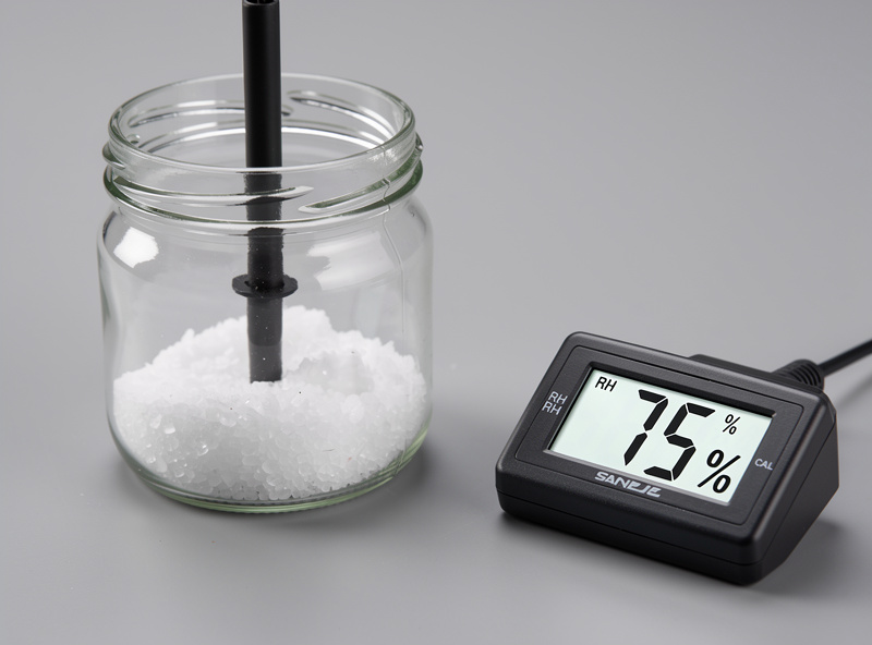 Sealed jar with wet table salt and digital hygrometer probe reading 75 percent humidity for calibration