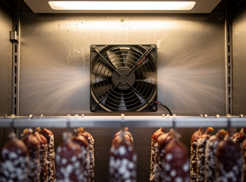 120mm PC fan mounted on the back wall of a curing chamber with hanging salami in the foreground