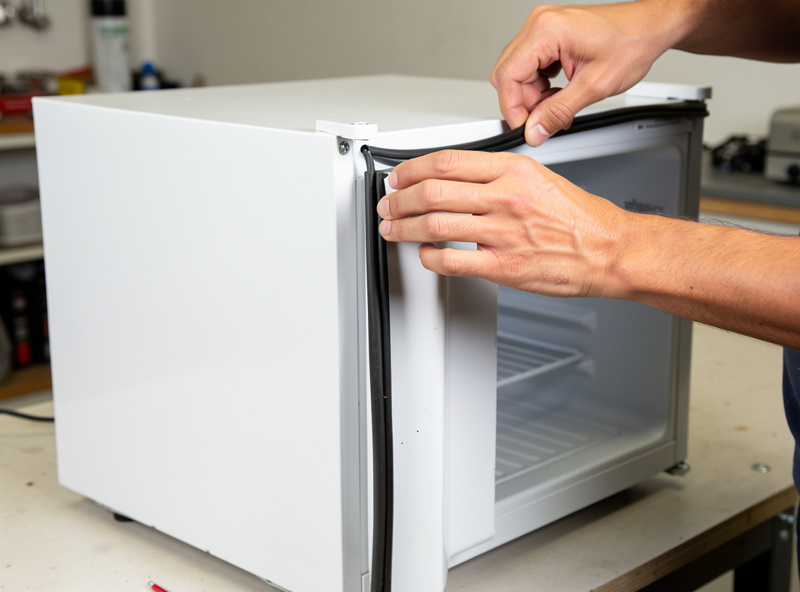 Installing a new replacement door gasket on a mini fridge pressing the rubber seal into the door channel