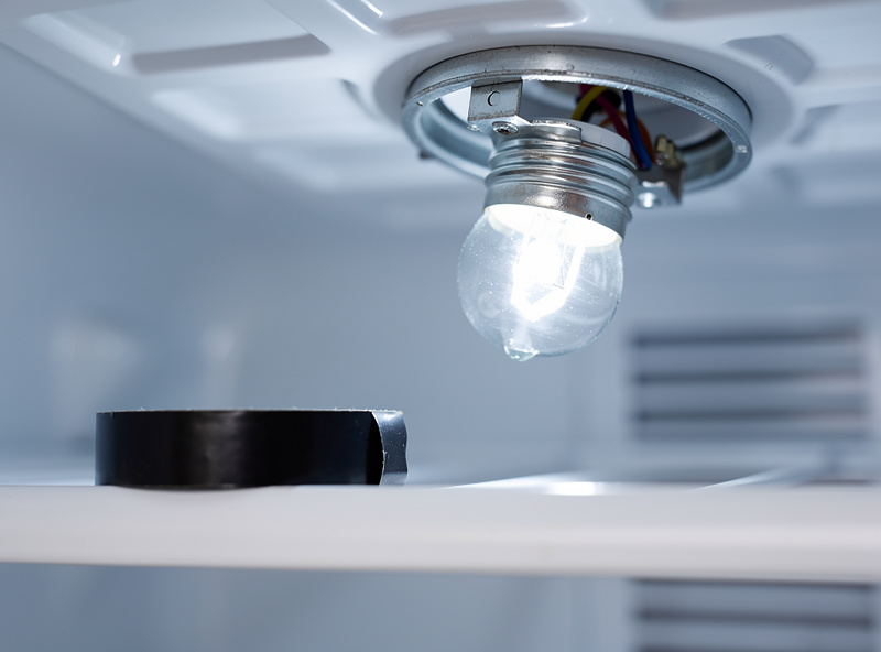 Factory incandescent fridge bulb being removed from its socket with electrical tape ready to cover the socket
