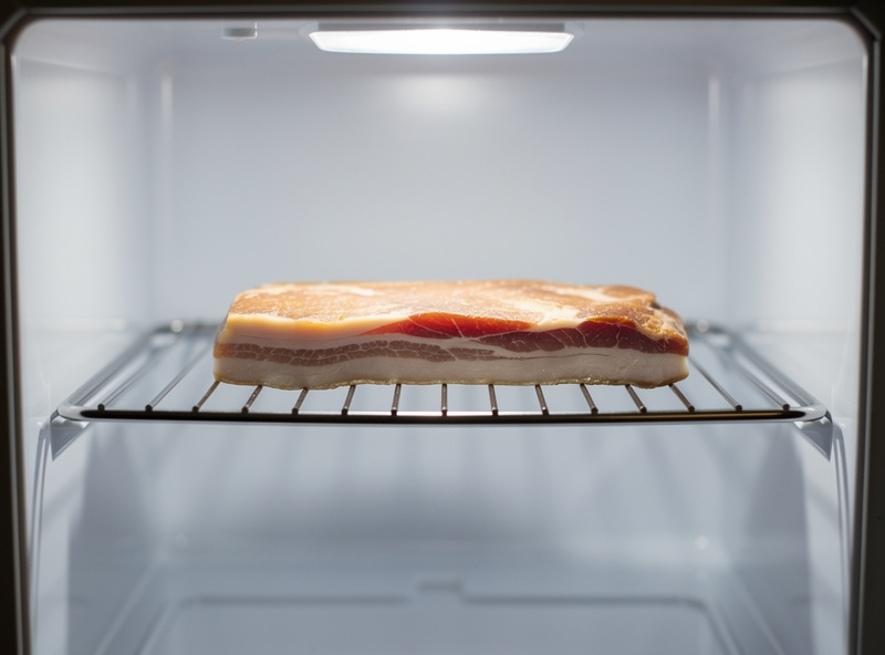 Stainless steel wire shelf inside a curing chamber with pancetta laying flat allowing airflow underneath
