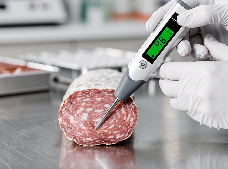 Digital pH meter probe inserted into sliced fermented salami showing reading of 4.8