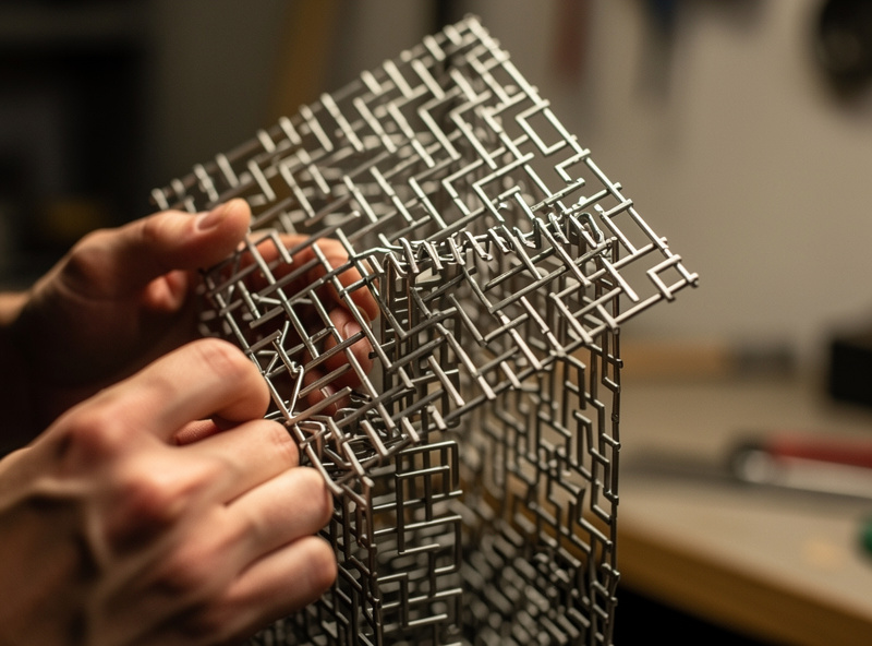 Macro close-up of a folded stainless steel mesh maze structure being assembled with hands bending the mesh into the labyrinth zigzag pattern that holds wood pellets in a long burning trail
