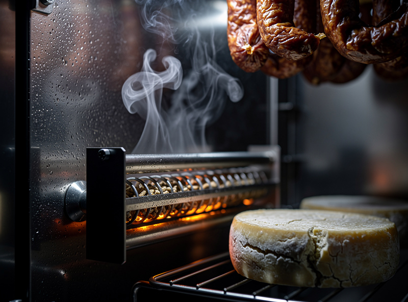 Close-up view of the cold smoke maze in operation inside a smoking cabinet with smoke wisps rising in soft curls from smoldering pellets and salami links and cheese wheels on racks above being slowly cold-smoked