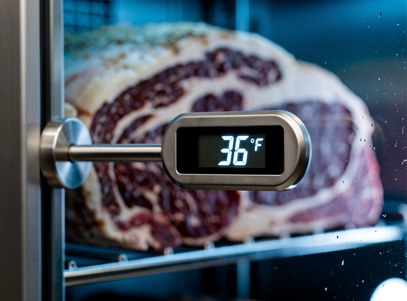 Digital thermometer probe inserted into a dry aging cabinet showing temperature near 36F with subprimal beef behind