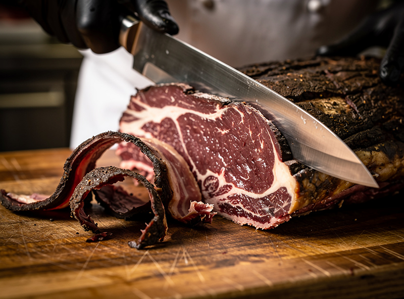 Butcher trimming the dark hard bark off a dry-aged ribeye subprimal with a long boning knife