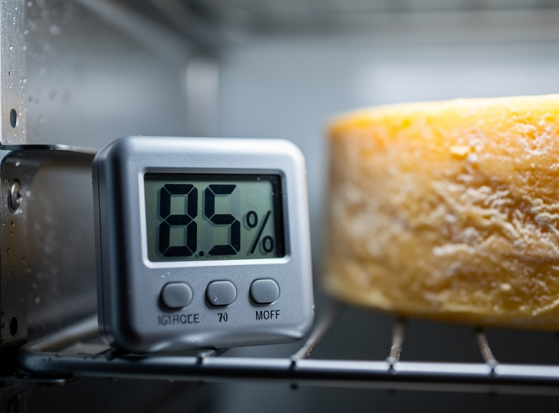 Digital hygrometer reading 85 percent humidity inside a home cheese cave with cheddar visible behind it