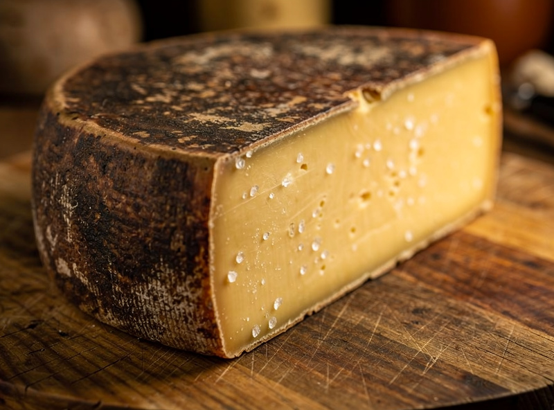 Wedge cut from an aged cheddar wheel showing crumbly paste with tyrosine crystals on a wooden board