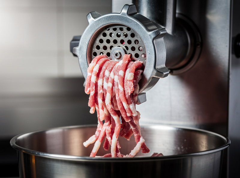 Meat grinder grinding cold pork shoulder with visible white fat into a stainless bowl