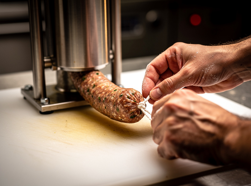 Vertical sausage stuffer extruding seasoned ground meat into a hog casing with hands tying off a section