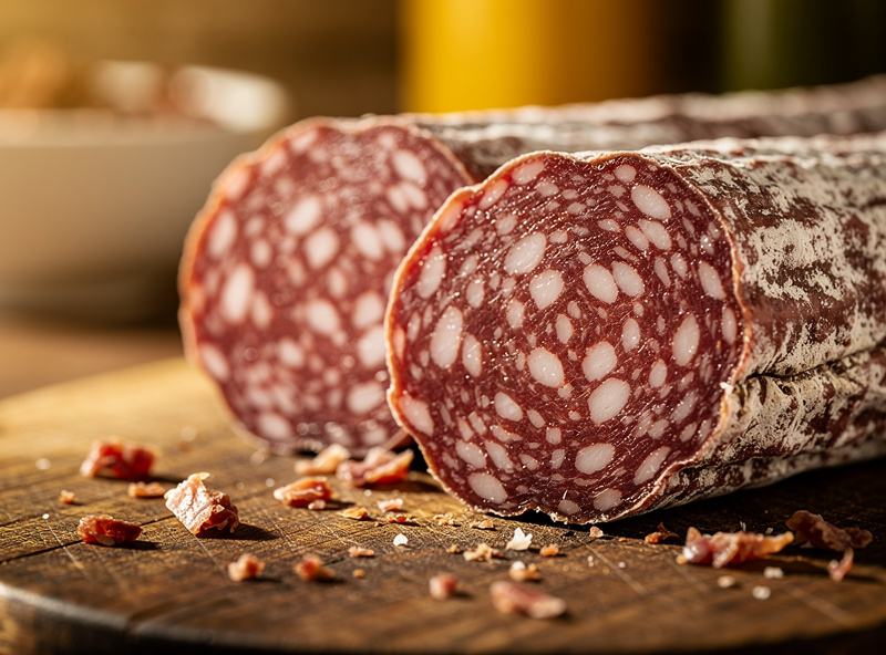 Sliced finished homemade salami showing visible white fat flecks in deep red lean meat with mottled white penicillium rind